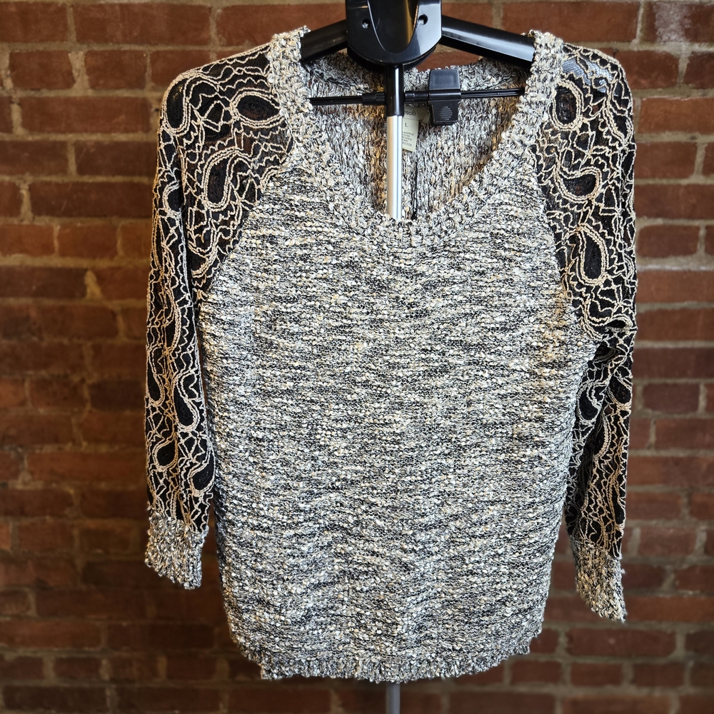Escio Sweater Womens Large Marled Acrylic Knit Lace Sleeve Pullover Gray Black L